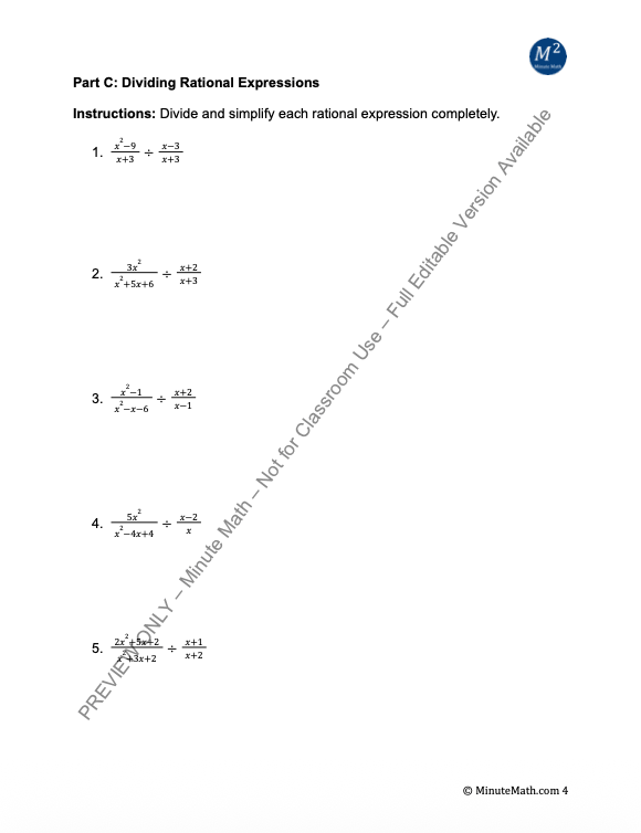 Multiplying and Dividing Rational Expressions – Algebra 2 Practice Worksheet