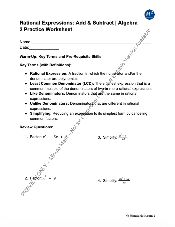 Rational Expressions: Add & Subtract | Algebra 2 Practice Worksheet