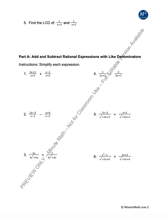 Rational Expressions: Add & Subtract | Algebra 2 Practice Worksheet