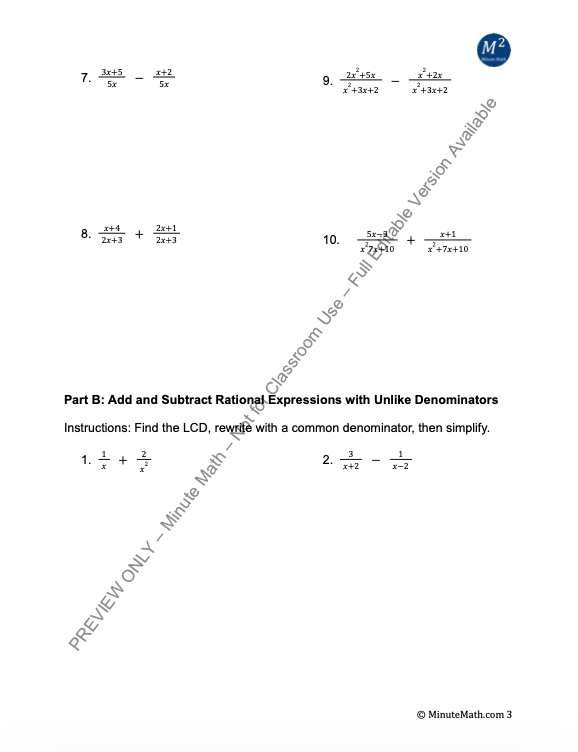 Rational Expressions: Add & Subtract | Algebra 2 Practice Worksheet