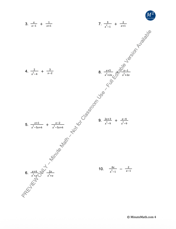Rational Expressions: Add & Subtract | Algebra 2 Practice Worksheet