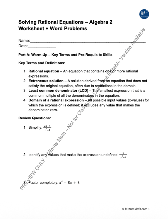 Solving Rational Equations – Algebra 2 Worksheet + Word Problems