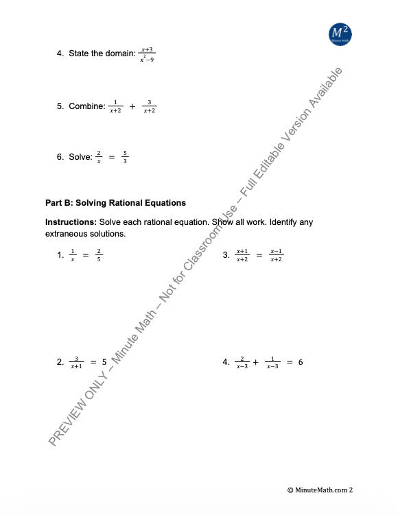 Solving Rational Equations – Algebra 2 Worksheet + Word Problems