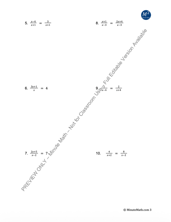 Solving Rational Equations – Algebra 2 Worksheet + Word Problems