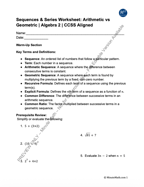 Sequences & Series Worksheet: Arithmetic vs Geometric | Algebra 2 | CCSS Aligned