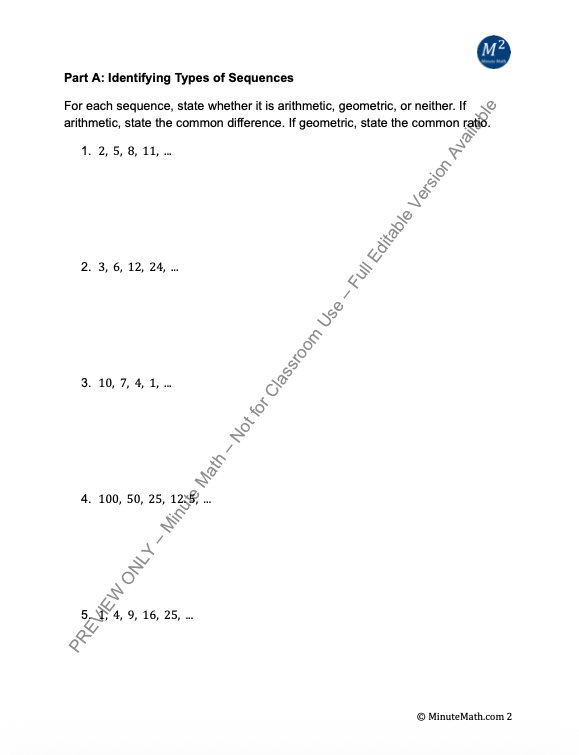 Sequences & Series Worksheet: Arithmetic vs Geometric | Algebra 2 | CCSS Aligned