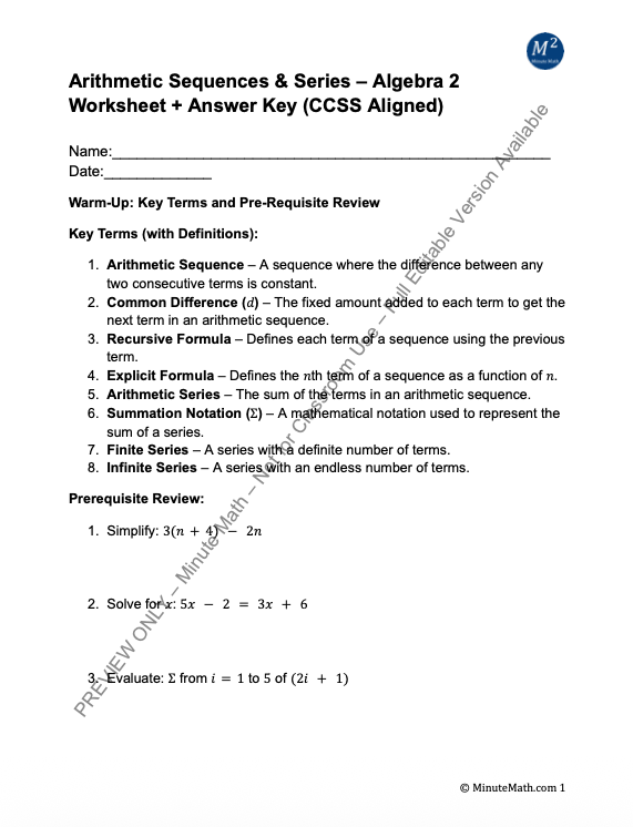 Arithmetic Sequences & Series – Algebra 2 Worksheet + Answer Key (CCSS Aligned)