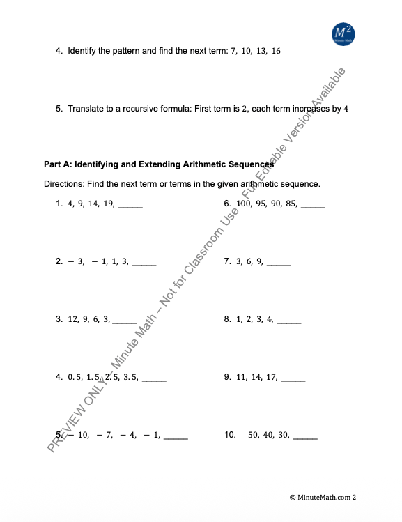 Arithmetic Sequences & Series – Algebra 2 Worksheet + Answer Key (CCSS Aligned)