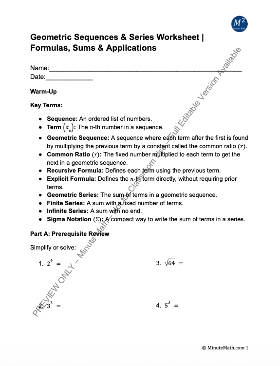 Geometric Sequences & Series Worksheet | Formulas, Sums & Applications