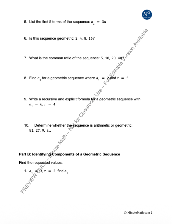 Geometric Sequences & Series Worksheet | Formulas, Sums & Applications