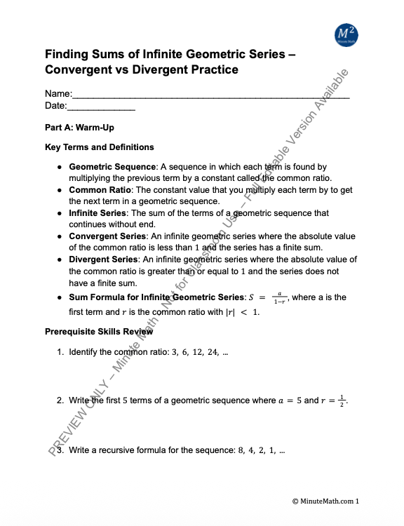 Finding Sums of Infinite Geometric Series – Convergent vs Divergent Practice
