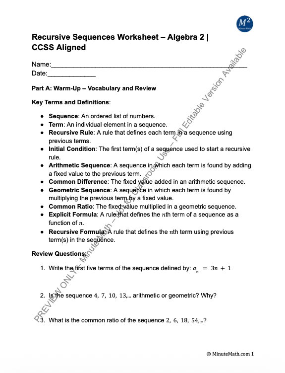 Recursive Sequences Worksheet – Algebra 2 | CCSS Aligned
