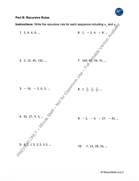 Recursive Sequences Worksheet – Algebra 2 | CCSS Aligned