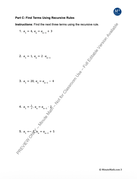 Recursive Sequences Worksheet – Algebra 2 | CCSS Aligned
