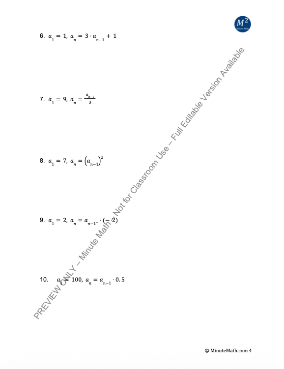 Recursive Sequences Worksheet – Algebra 2 | CCSS Aligned