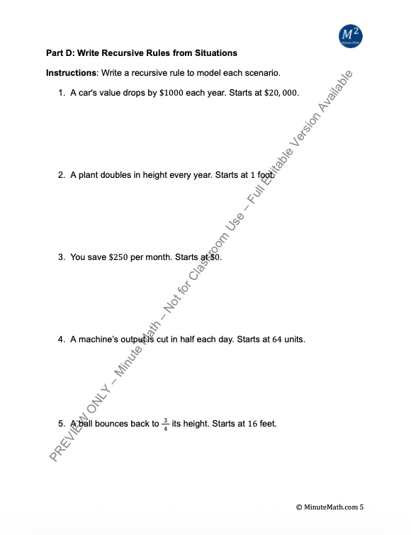 Recursive Sequences Worksheet – Algebra 2 | CCSS Aligned