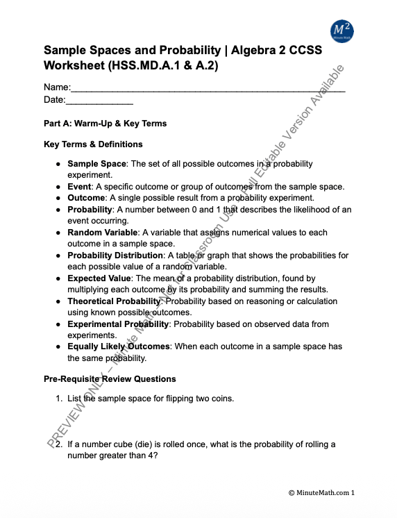 Sample Spaces and Probability | Algebra 2 CCSS Worksheet (HSS.MD.A.1 & A.2)