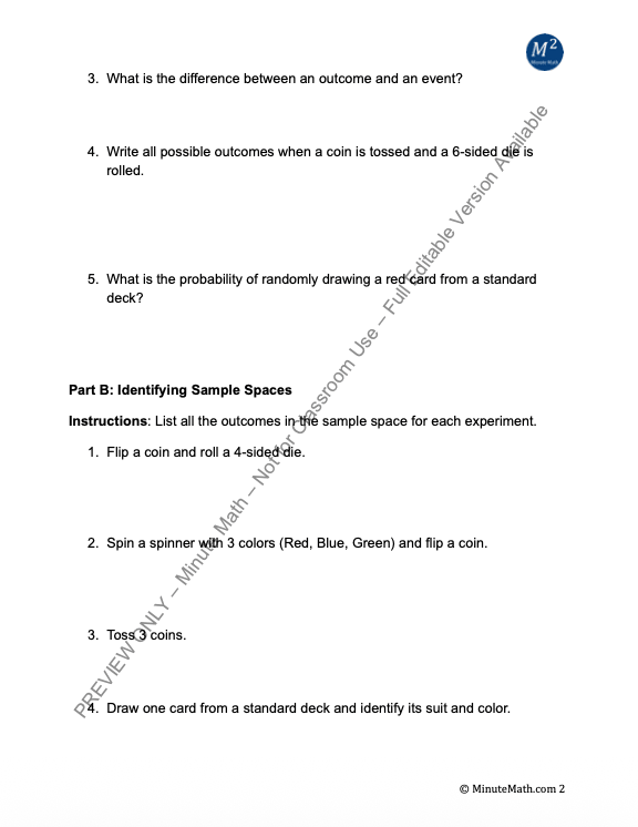 Sample Spaces and Probability | Algebra 2 CCSS Worksheet (HSS.MD.A.1 & A.2)