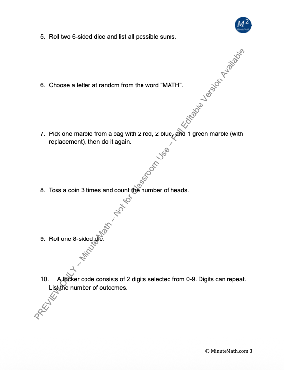 Sample Spaces and Probability | Algebra 2 CCSS Worksheet (HSS.MD.A.1 & A.2)
