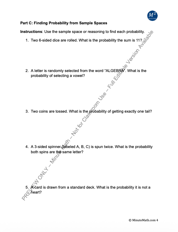 Sample Spaces and Probability | Algebra 2 CCSS Worksheet (HSS.MD.A.1 & A.2)