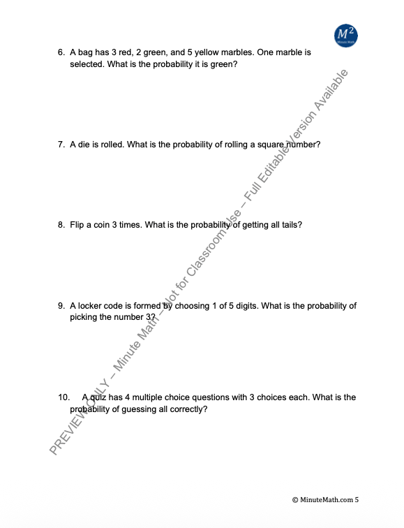 Sample Spaces and Probability | Algebra 2 CCSS Worksheet (HSS.MD.A.1 & A.2)