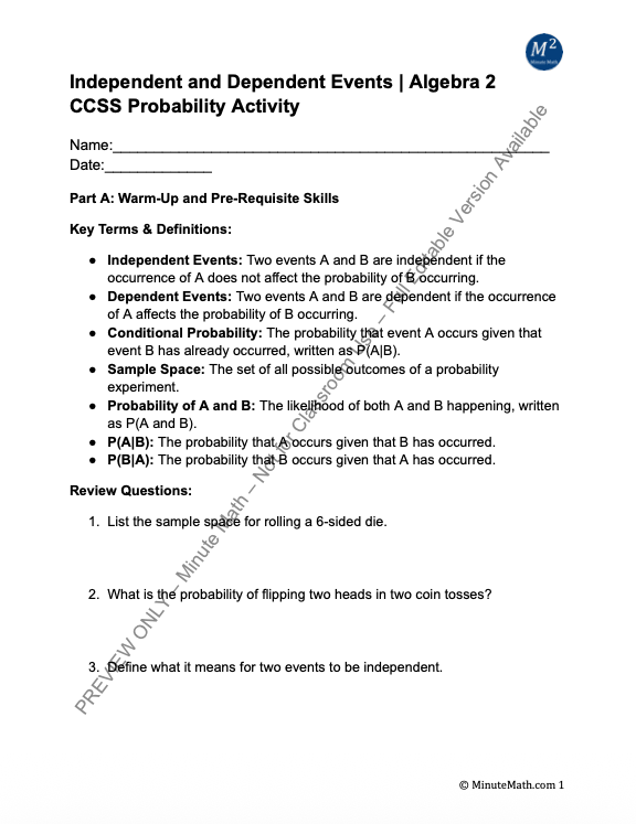 Independent and Dependent Events | Algebra 2 CCSS Probability Activity
