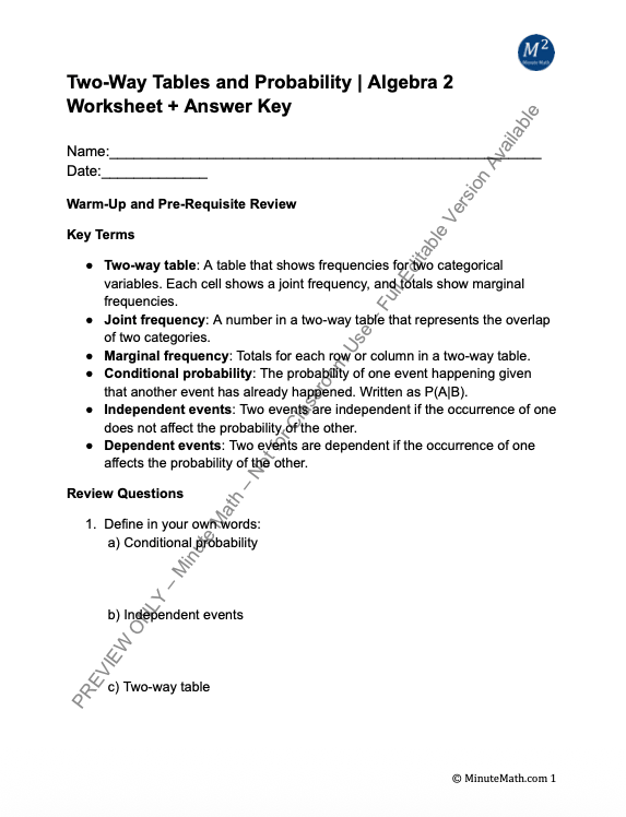 Two-Way Tables and Probability | Algebra 2 Worksheet + Answer Key