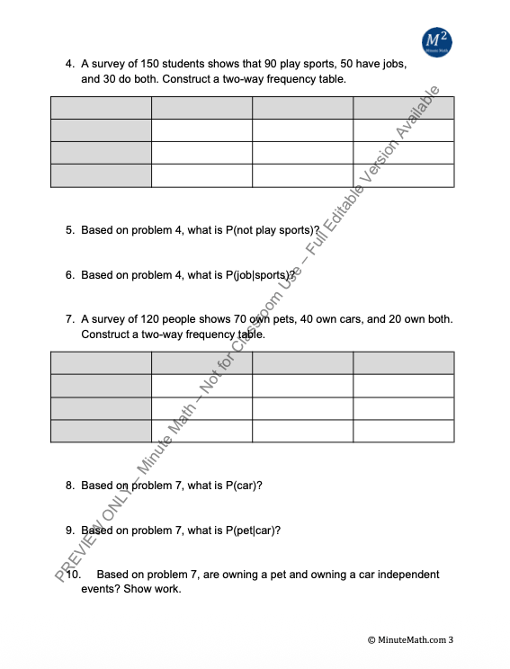 Two-Way Tables and Probability | Algebra 2 Worksheet + Answer Key