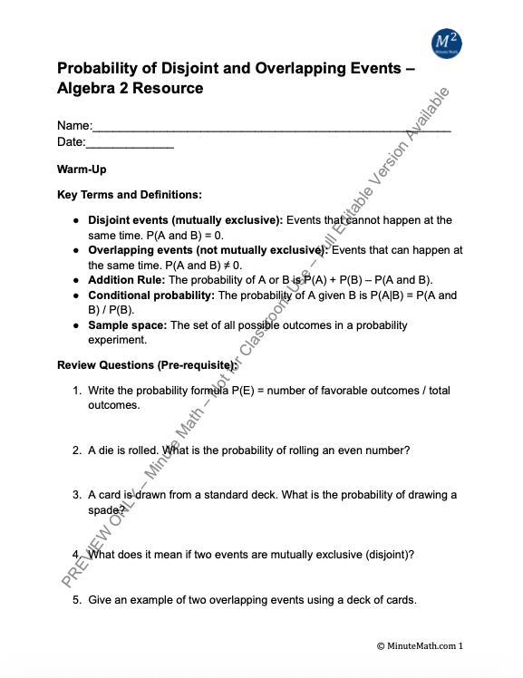 Probability of Disjoint and Overlapping Events – Algebra 2 Resource