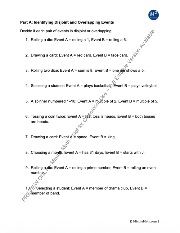 Probability of Disjoint and Overlapping Events – Algebra 2 Resource