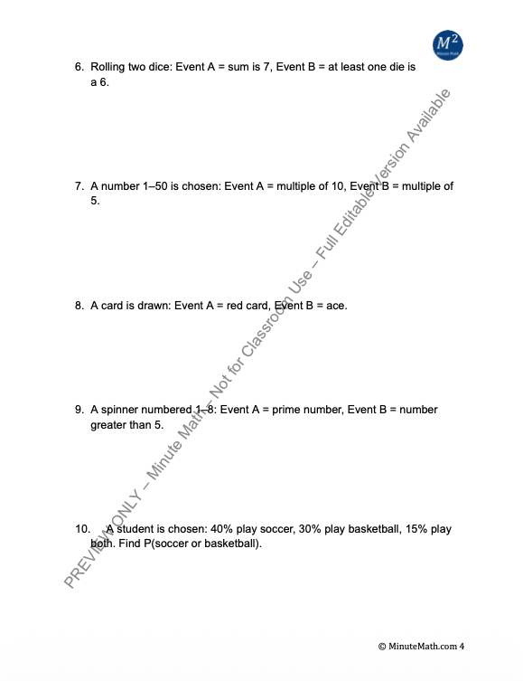 Probability of Disjoint and Overlapping Events – Algebra 2 Resource
