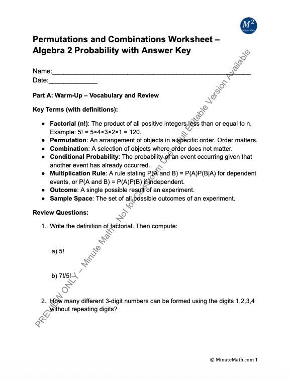 Permutations and Combinations Worksheet – Algebra 2 Probability with Answer Key