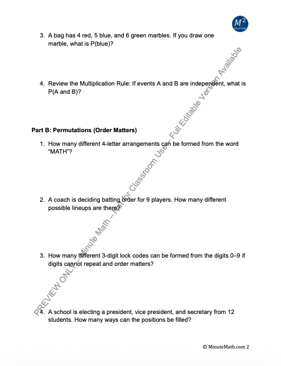 Permutations and Combinations Worksheet – Algebra 2 Probability with Answer Key