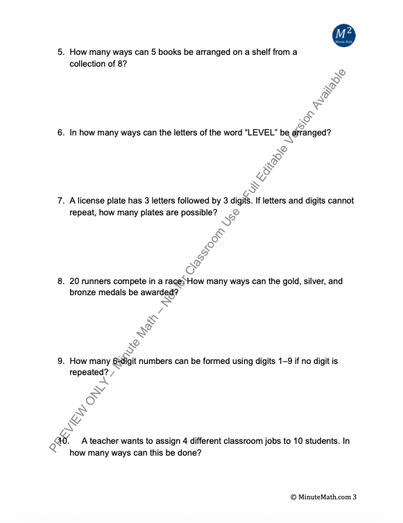 Permutations and Combinations Worksheet – Algebra 2 Probability with Answer Key