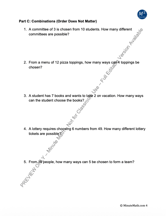 Permutations and Combinations Worksheet – Algebra 2 Probability with Answer Key