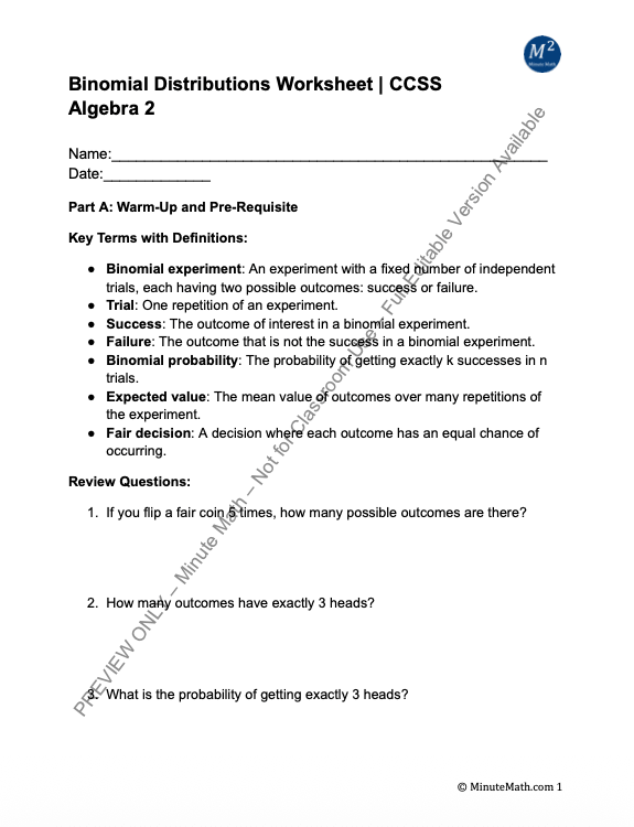 Binomial Distributions Worksheet | CCSS Algebra 2