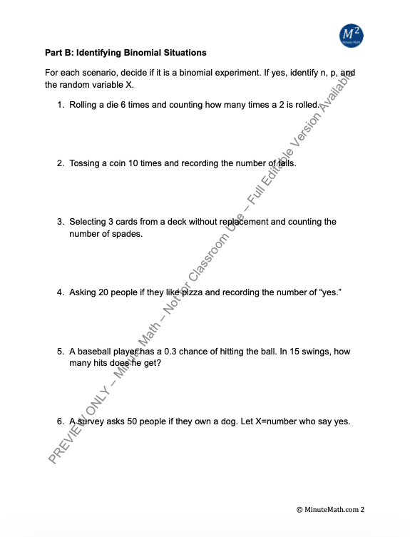 Binomial Distributions Worksheet | CCSS Algebra 2