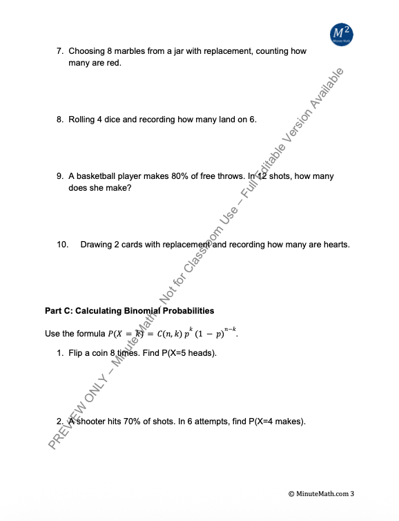 Binomial Distributions Worksheet | CCSS Algebra 2