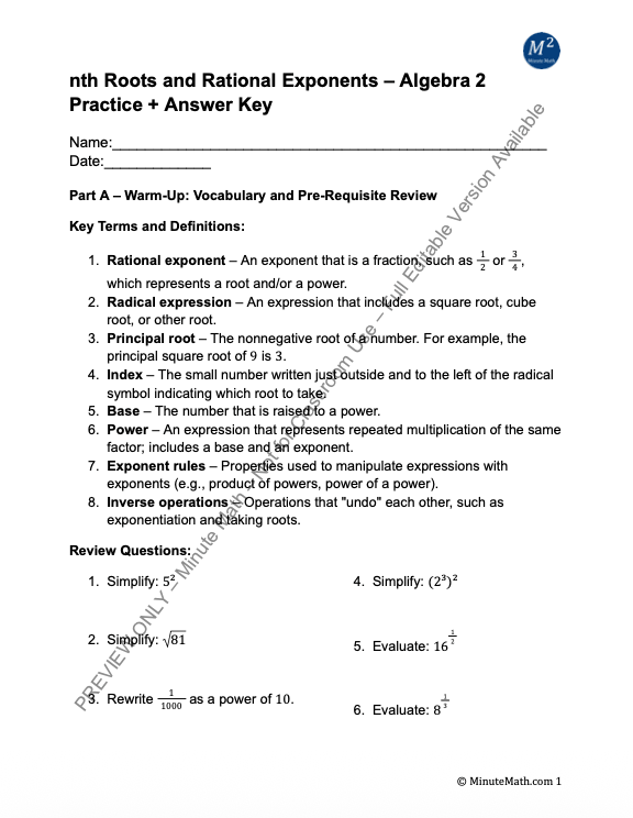 nth Roots and Rational Exponents – Algebra 2 Practice + Answer Key