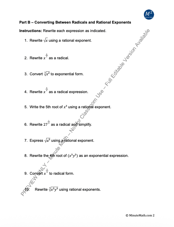 nth Roots and Rational Exponents – Algebra 2 Practice + Answer Key