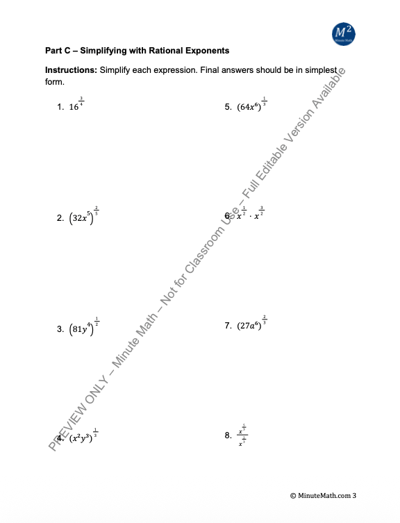nth Roots and Rational Exponents – Algebra 2 Practice + Answer Key