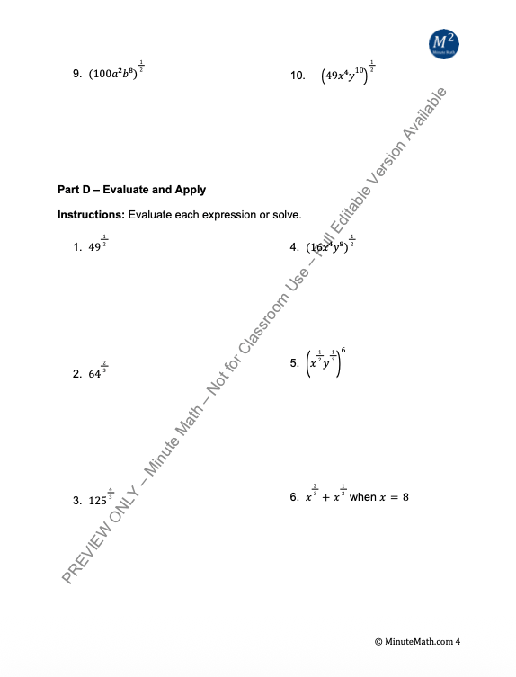 nth Roots and Rational Exponents – Algebra 2 Practice + Answer Key