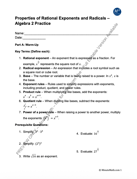Properties of Rational Exponents and Radicals – Algebra 2 Practice