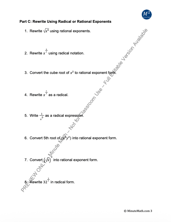 Properties of Rational Exponents and Radicals – Algebra 2 Practice