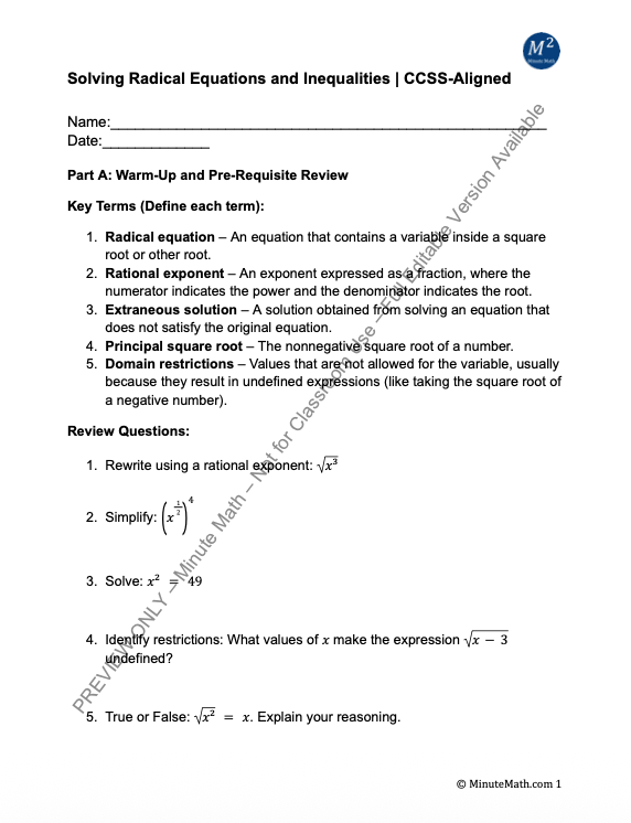 Solving Radical Equations and Inequalities | CCSS-Aligned
