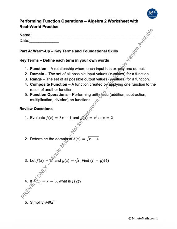 Performing Function Operations – Algebra 2 Worksheet with Real-World Practice