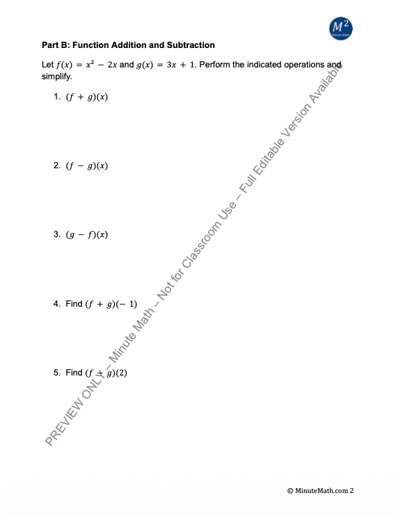 Performing Function Operations – Algebra 2 Worksheet with Real-World Practice