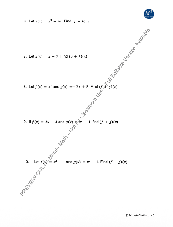 Performing Function Operations – Algebra 2 Worksheet with Real-World Practice