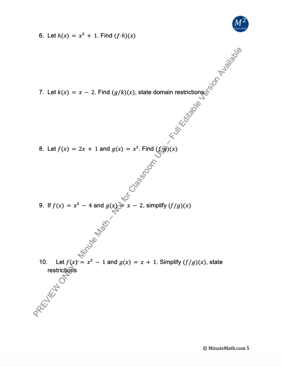 Performing Function Operations – Algebra 2 Worksheet with Real-World Practice
