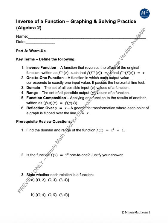 Inverse of a Function – Graphing & Solving Practice (Algebra 2)